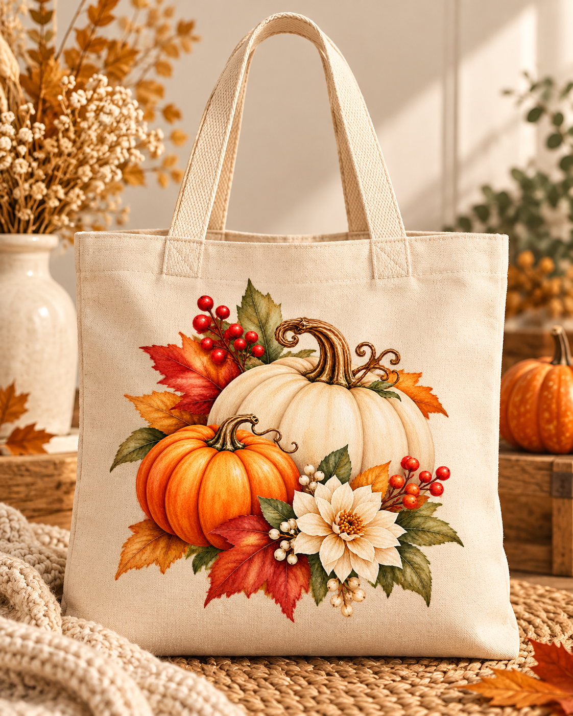 Tote bag de otoño color crema con calabazas y hojas naranjas y verdes.
