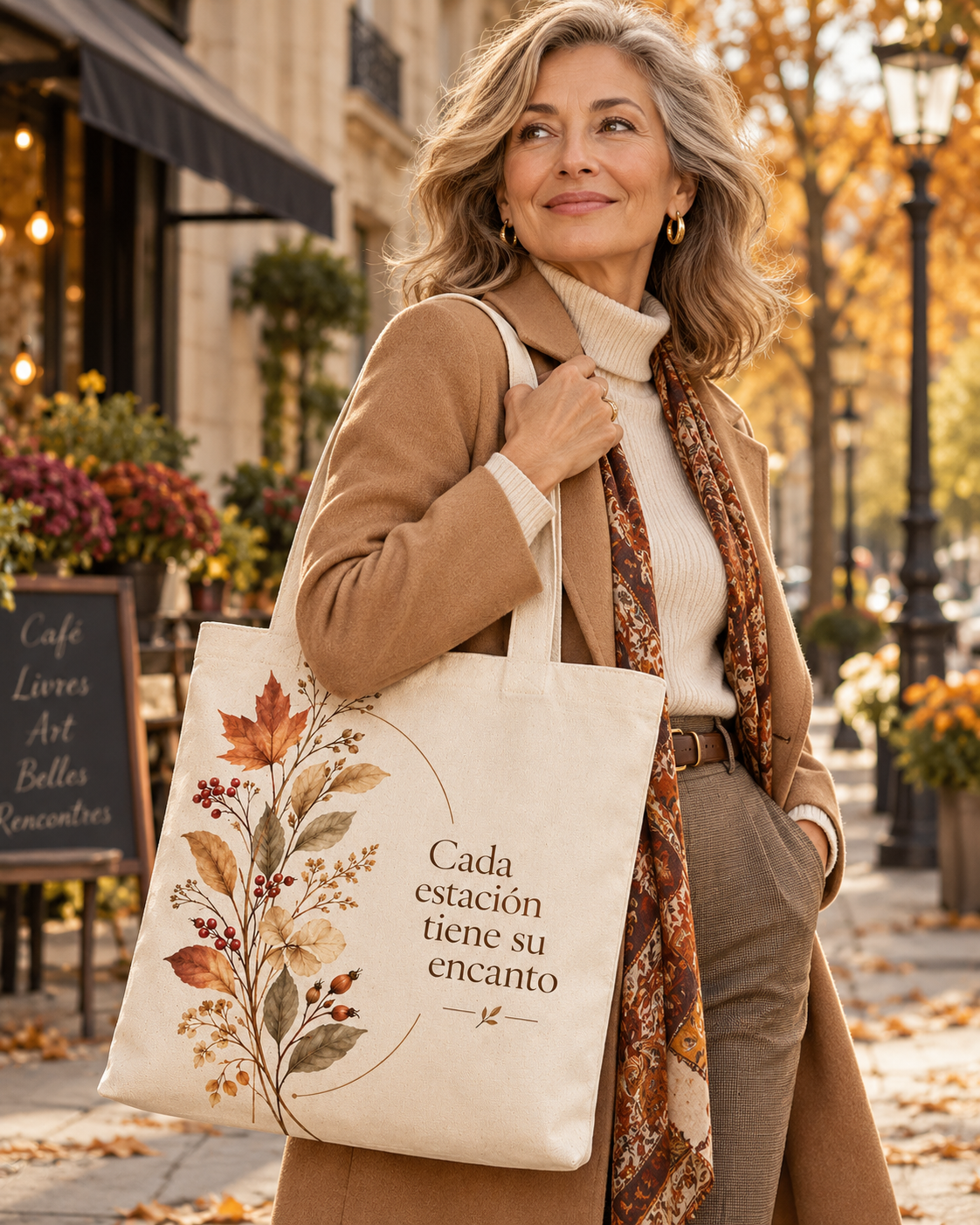 Bolsa tote crema con hojas otoñales, ramas delicadas con la frase Cada estación tiene su encanto.