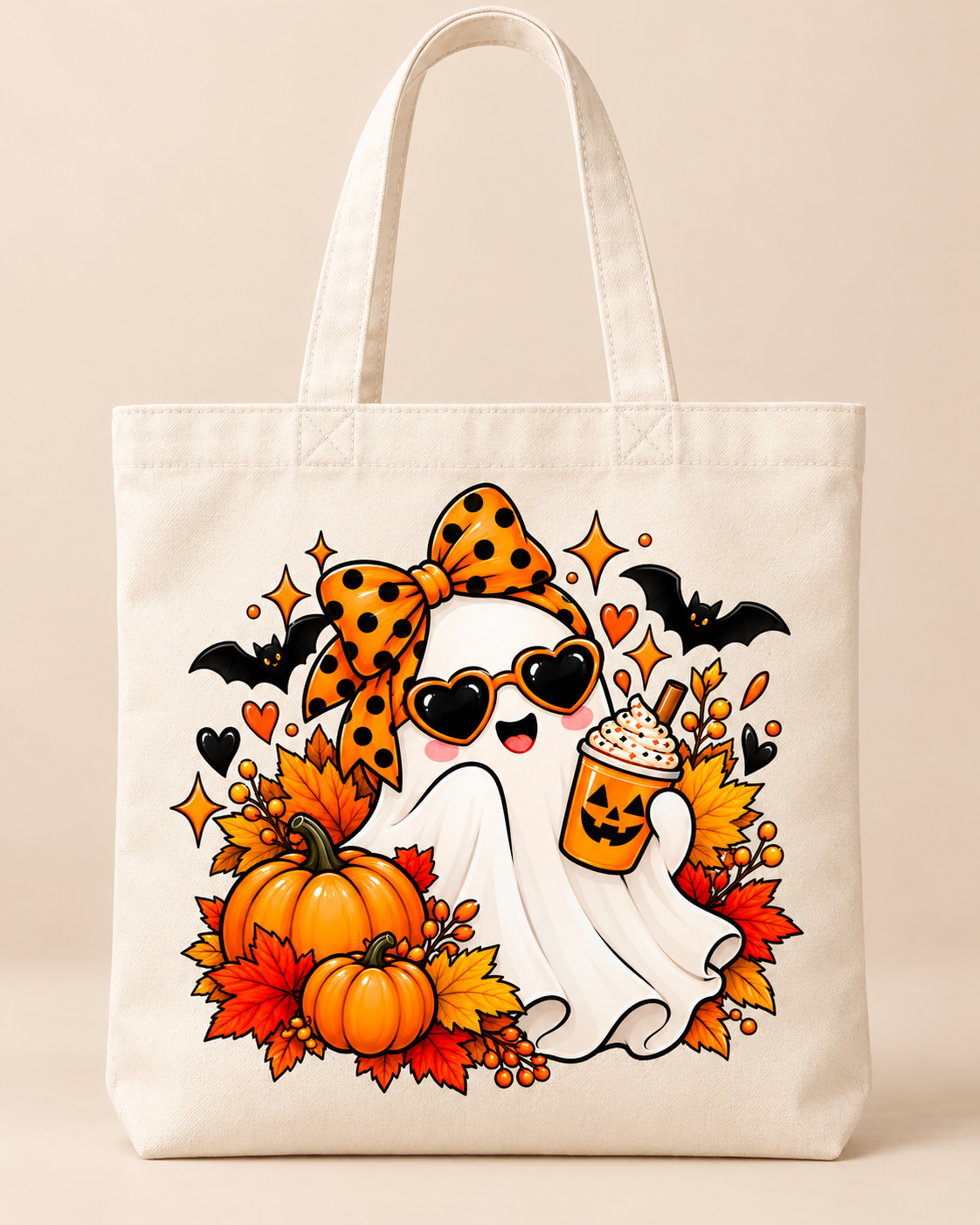 Tote bag crema de Halloween con fantasmita, gafas de corazón, lazo naranja y bebida de calabaza.