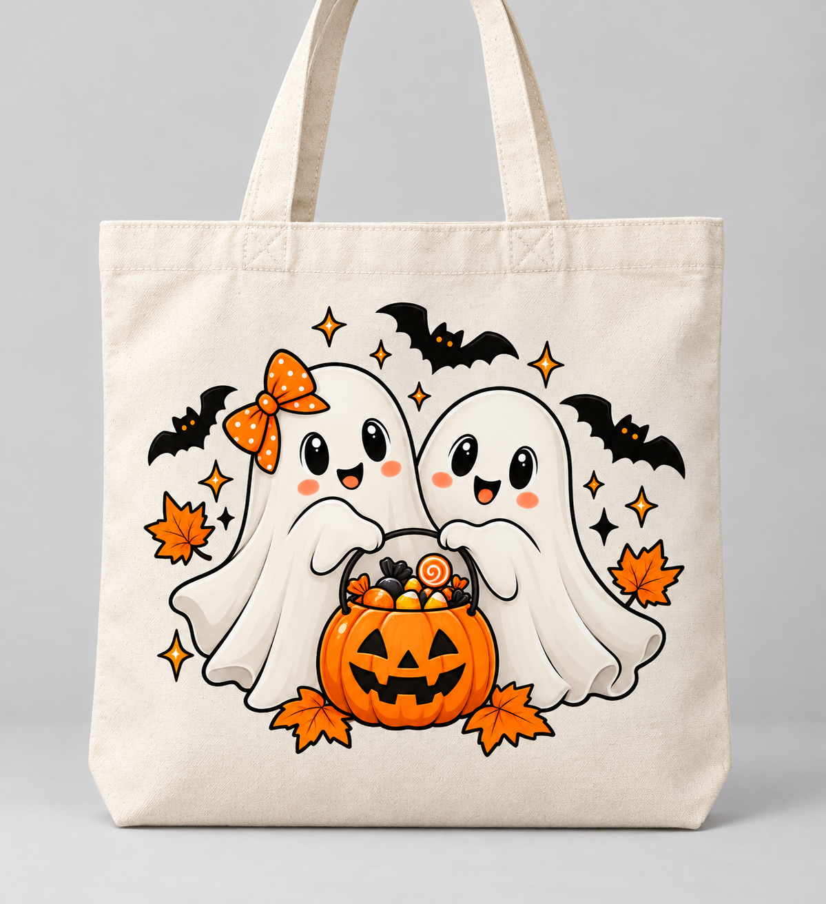 Tote bag Halloween color crema personalizable con dos fantasmitas con calabaza de caramelos.