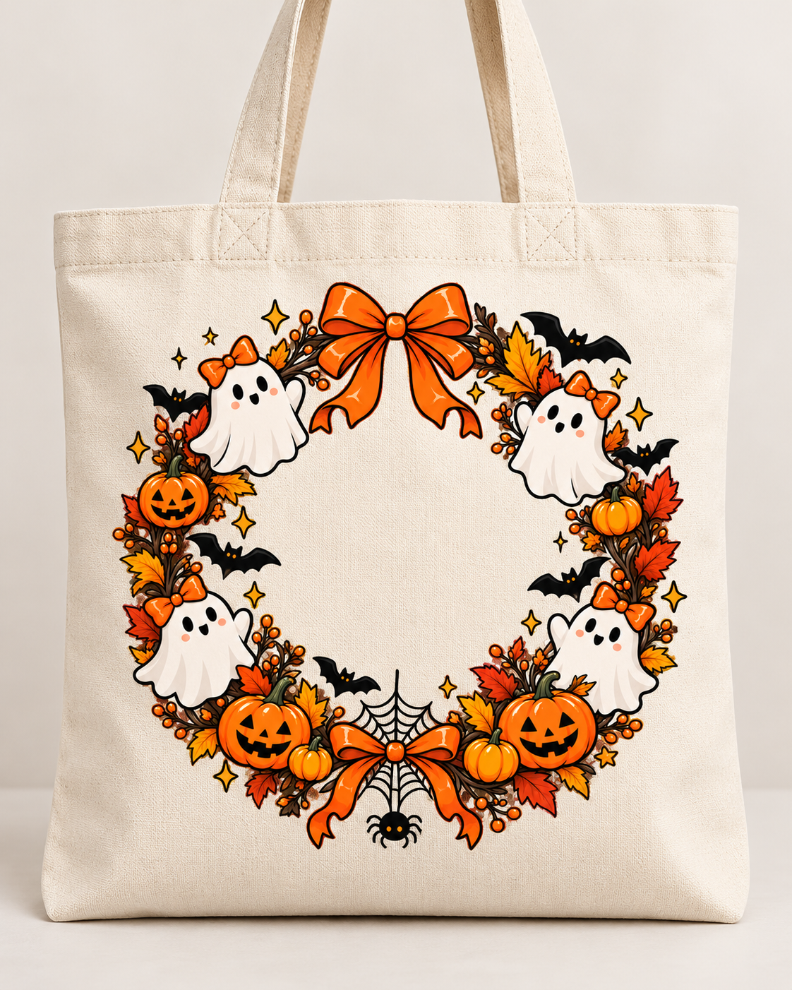Tote bag Halloween color crema  y fantasmitas en una corona de calabazas.