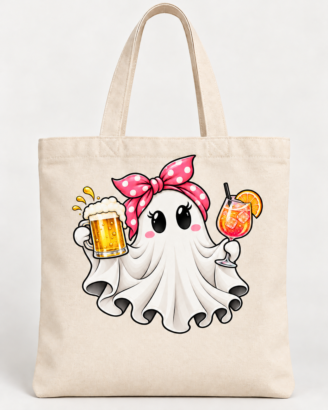 Bolsa tote bag crema con cremallera y fantasmita con lazo rosa party