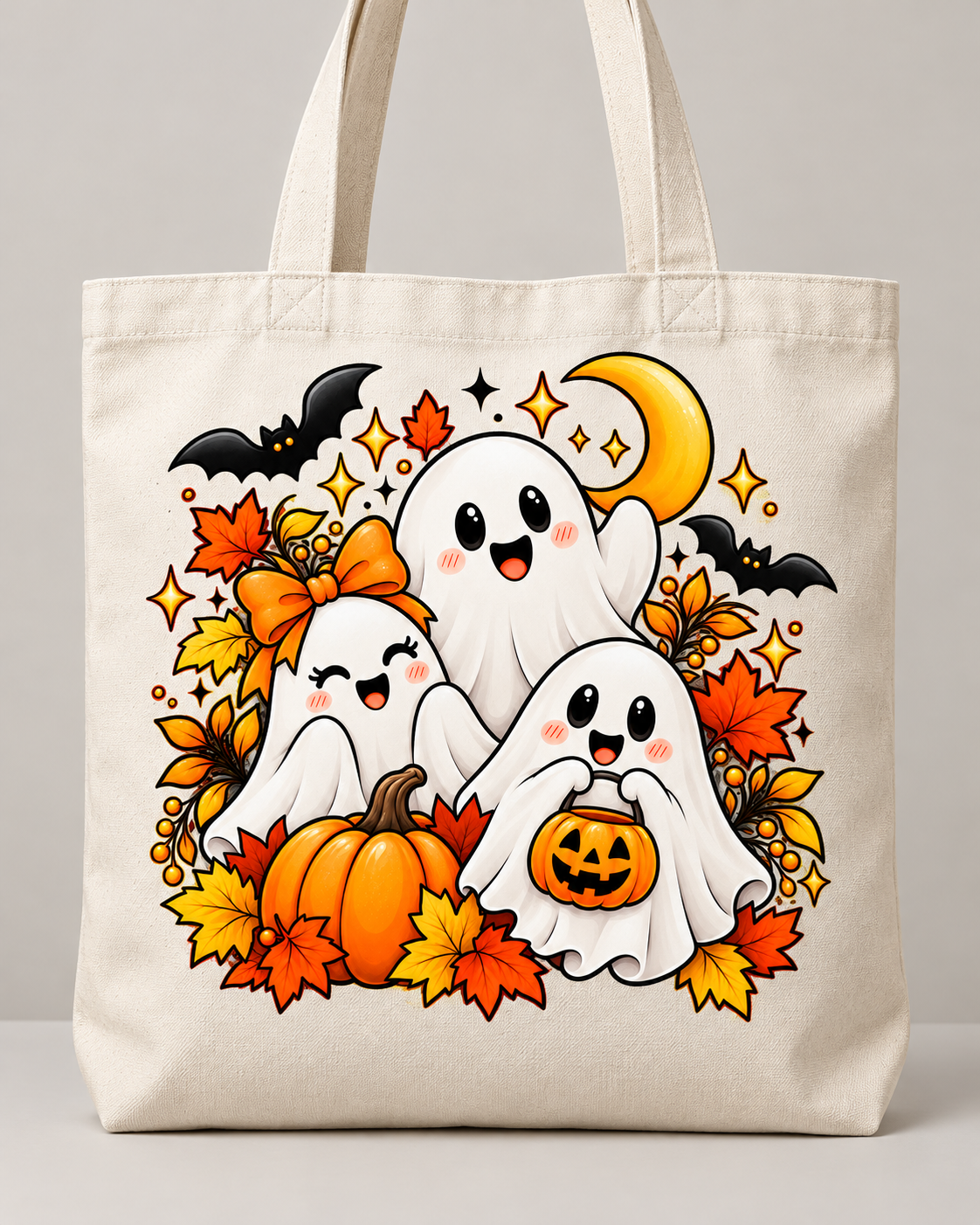 Bolsa tote bag crema de Halloween con tres fantasmitas, calabazas, hojas otoñales y luna naranja.