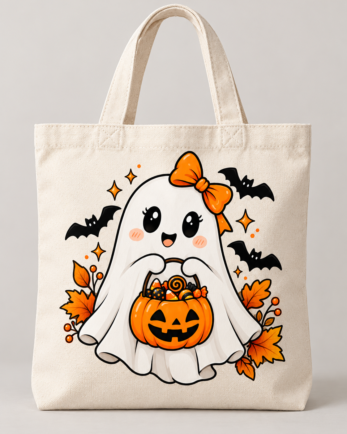Tote bag crema personalizadable  y fantasmita de Halloween con lazo naranja y calabaza de caramelos.