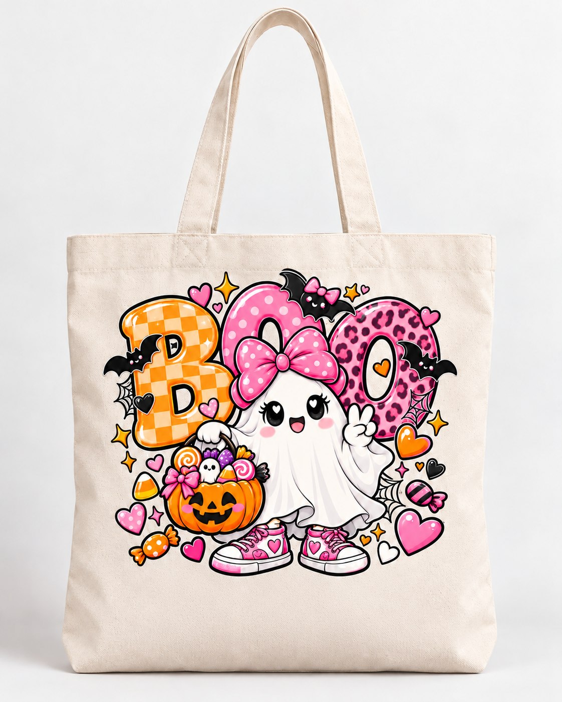 Tote bag de diseños de fantasmitas de Halloween con calabazas, lazos y caramelos y más.