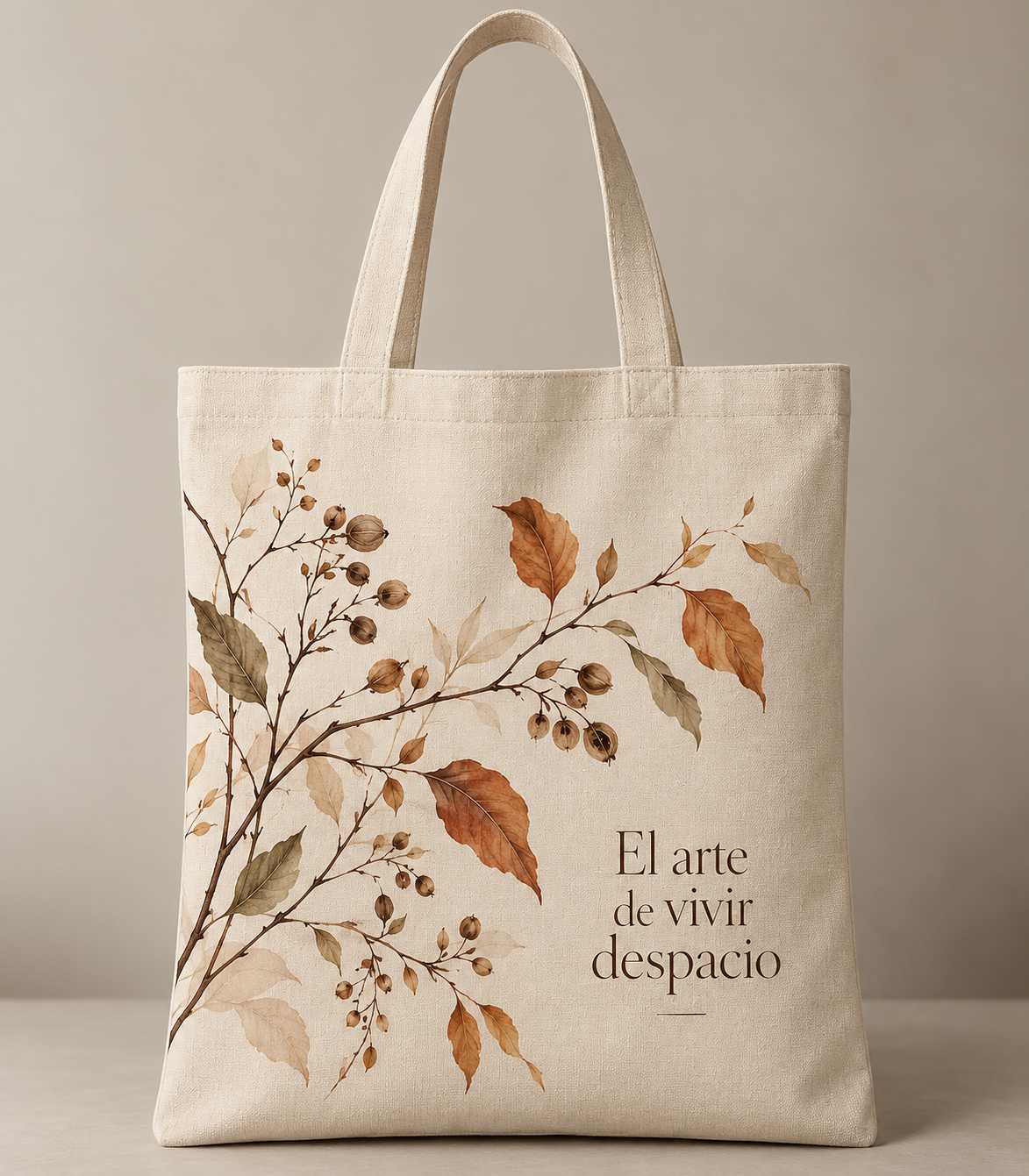 Tote bag beige con ramas botánicas, hojas de otoño en tonos tierra y frase El arte de vivir despacio.