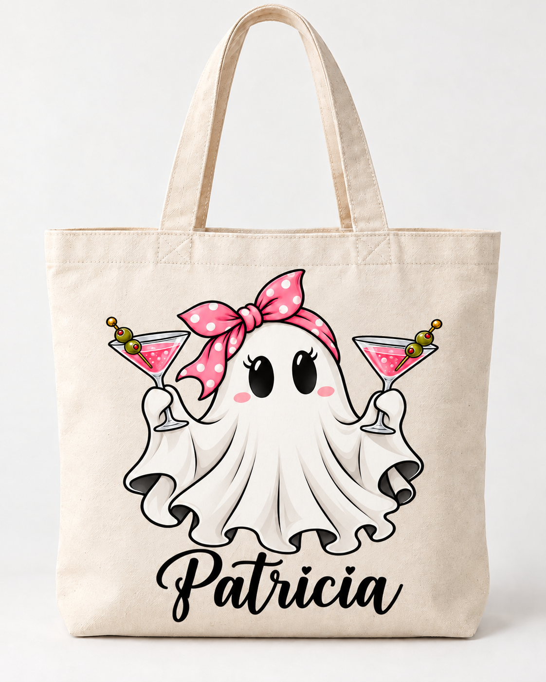 Bolsa tote bag crema con cremallera y fantasmita con lazo rosa personaizable