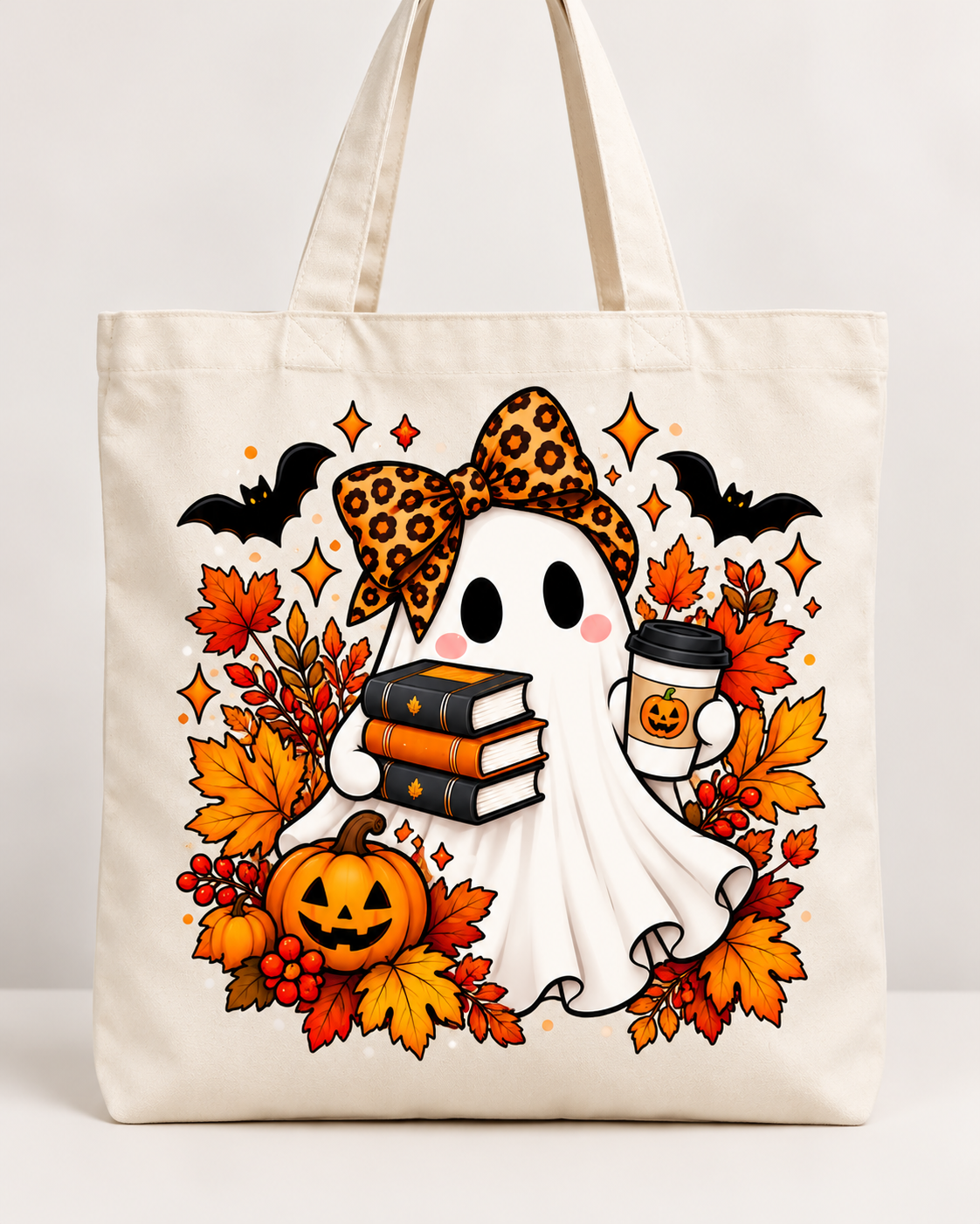 Bolsa tote de otoño color crema con fantasma, lazo de leopardo, libros y café.