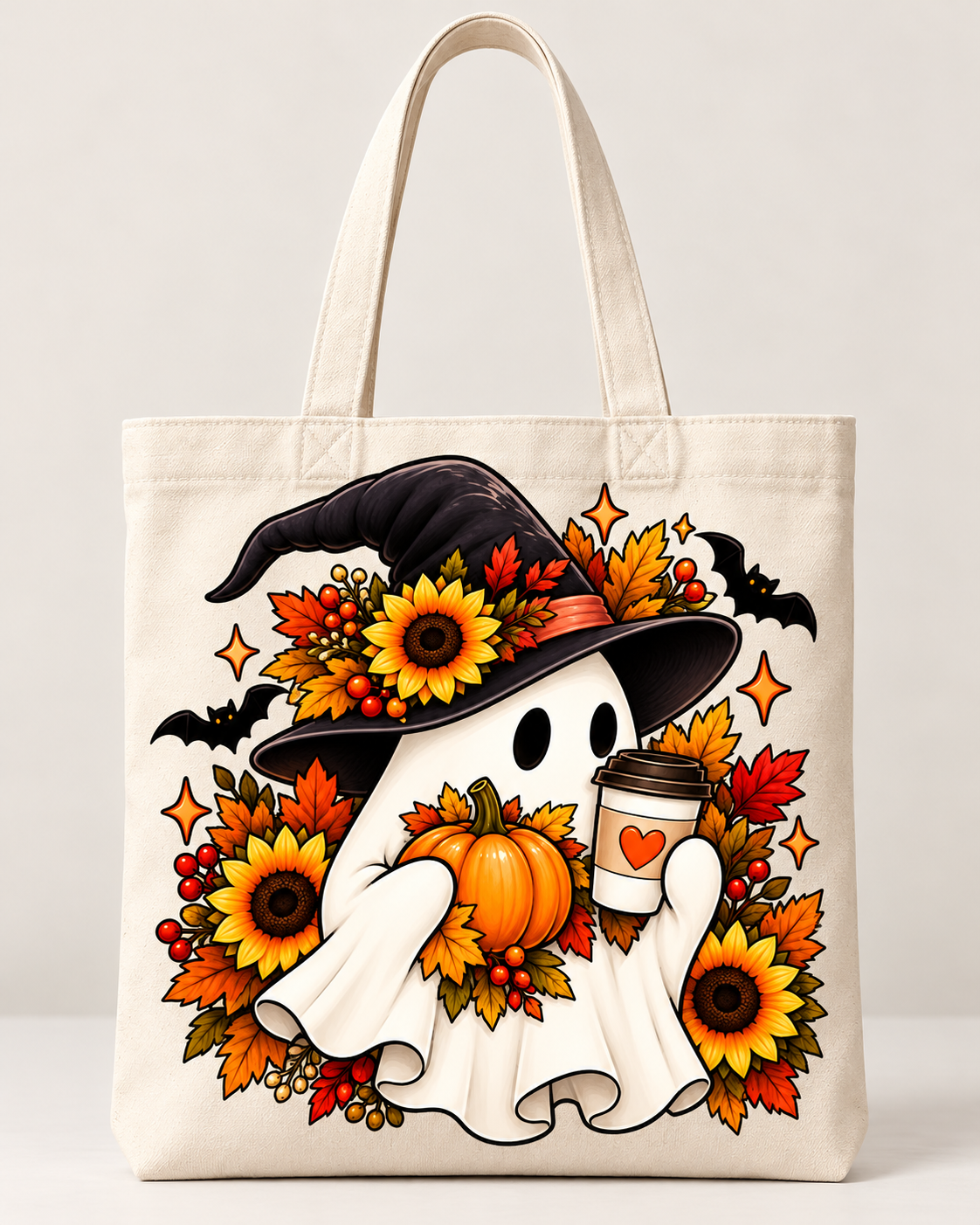 Tote bag crema con fantasma de Halloween, sombrero de bruja, girasoles, calabaza y café.