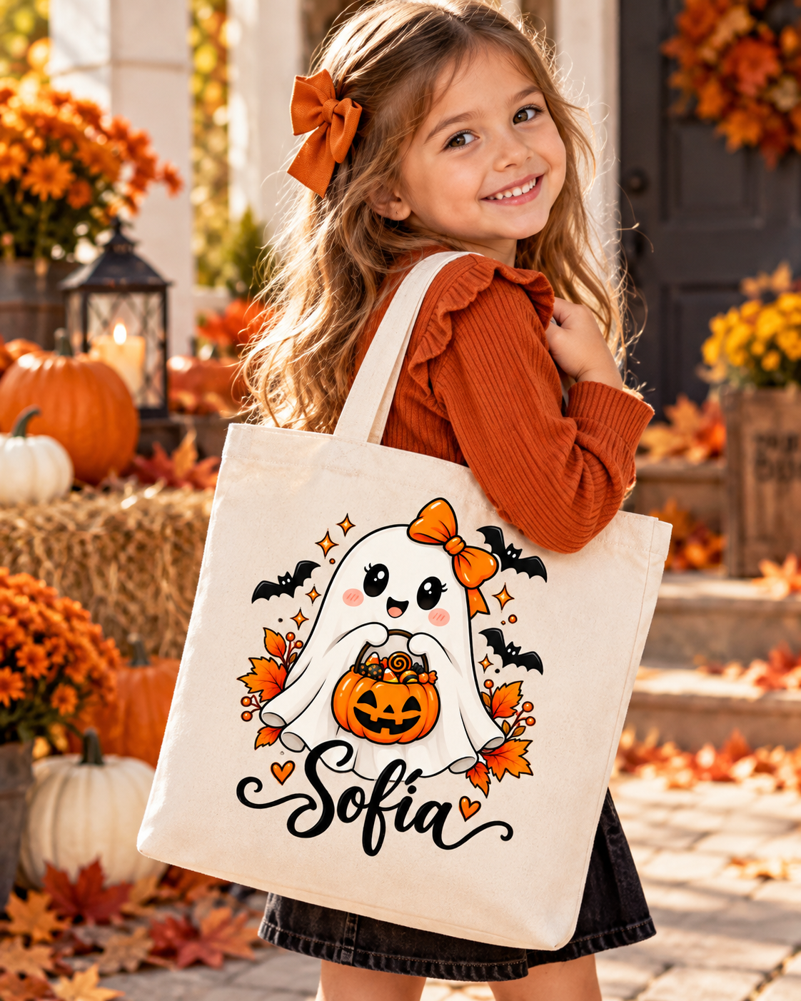 Niña con tote bag crema personalizada con el nombre Sofía y fantasmita de Halloween con lazo naranja y calabaza de caramelos. Personalizable.