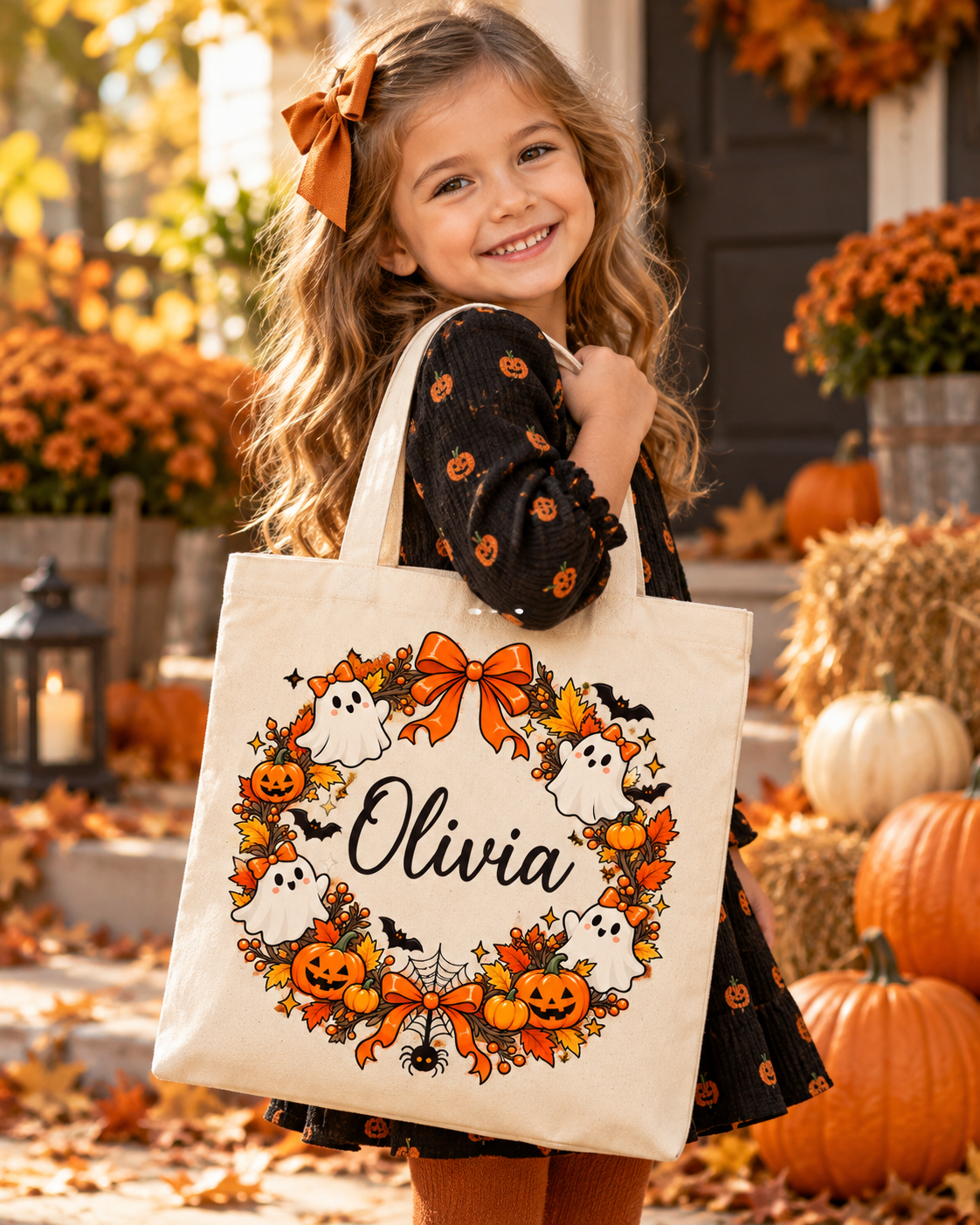 Niña con tote bag Halloween color crema personalizada con el nombre Olivia y fantasmitas en una corona de calabazas. - Personalizable.