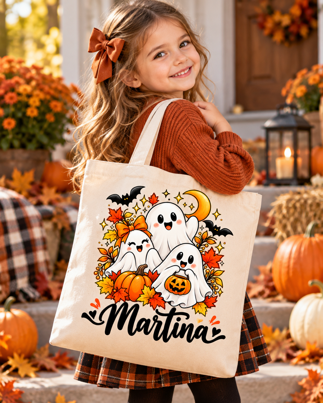 Bolsa tote bag crema de Halloween con tres fantasmitas, calabazas, hojas otoñales y luna naranja personalizada.