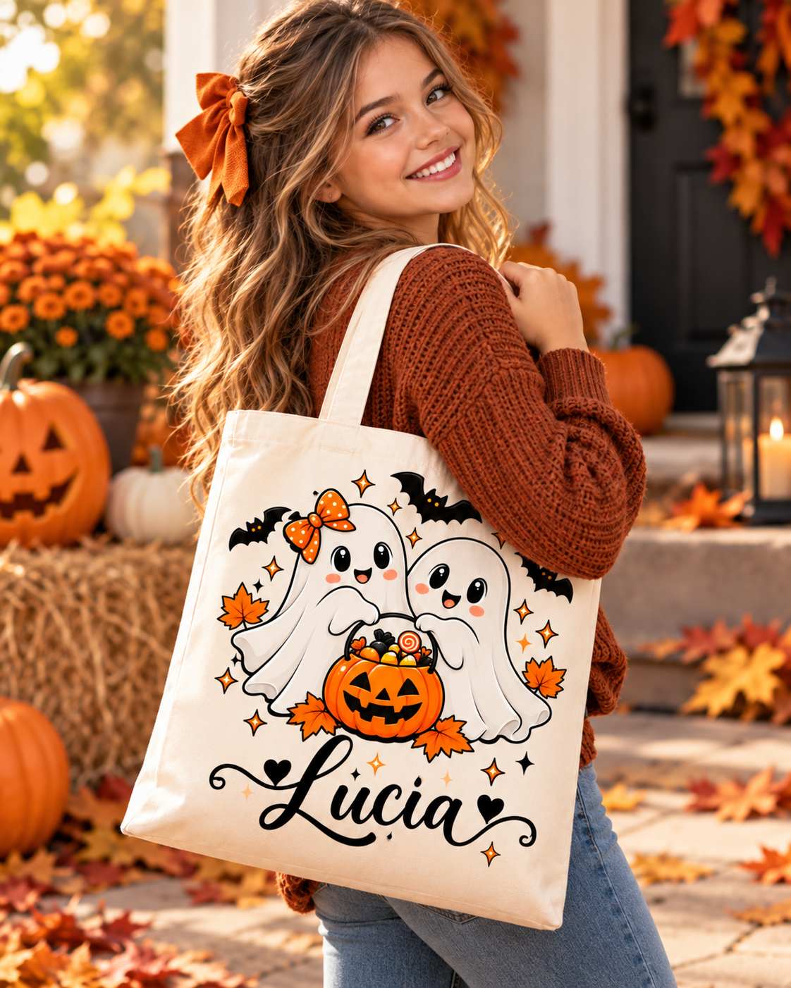 Niña con tote bag Halloween color crema personalizada con el nombre Lucía y dos fantasmitas con calabaza de caramelos.