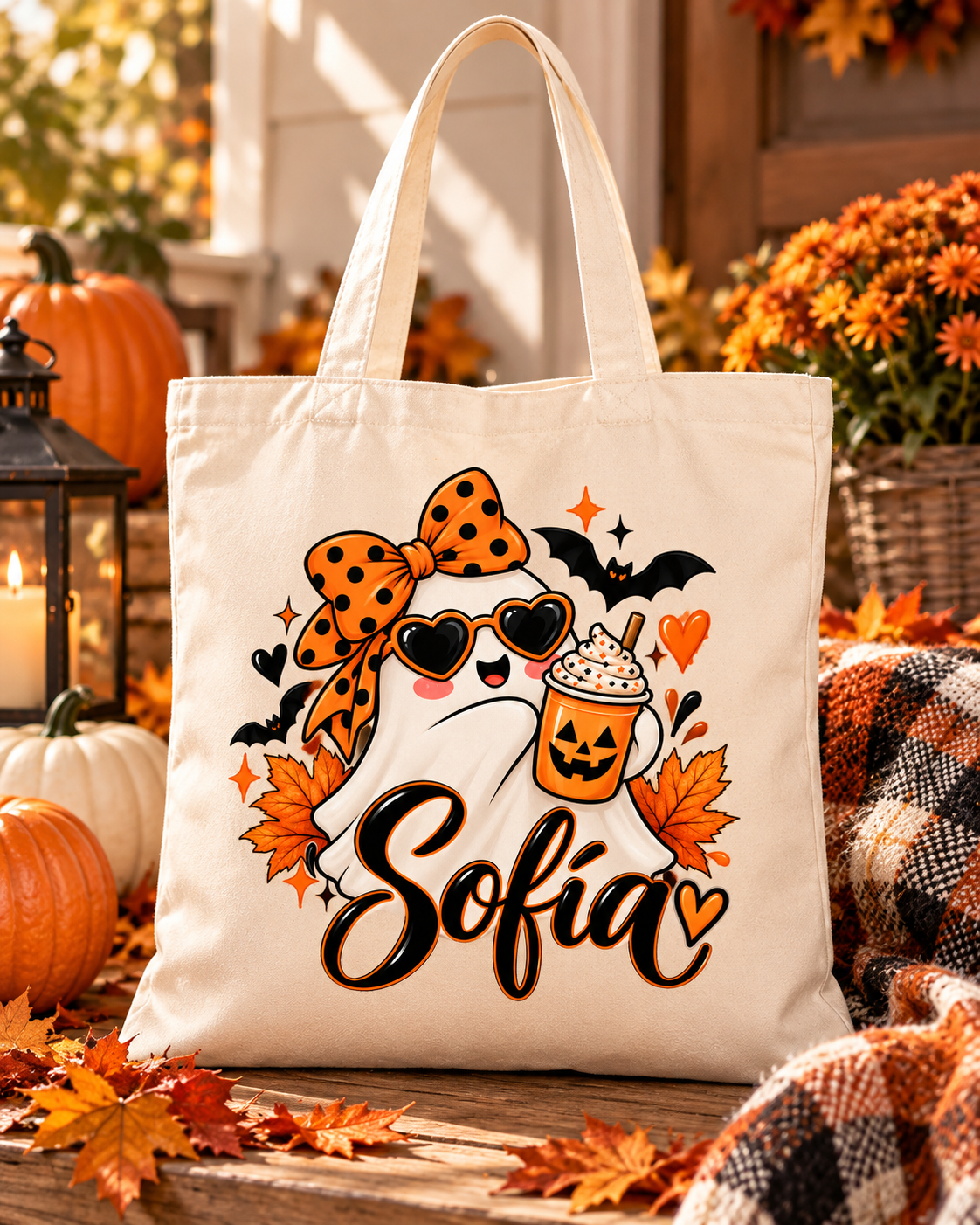 Tote bag crema de Halloween con fantasmita, gafas de corazón, lazo naranja y bebida de calabaza. Personalizable.