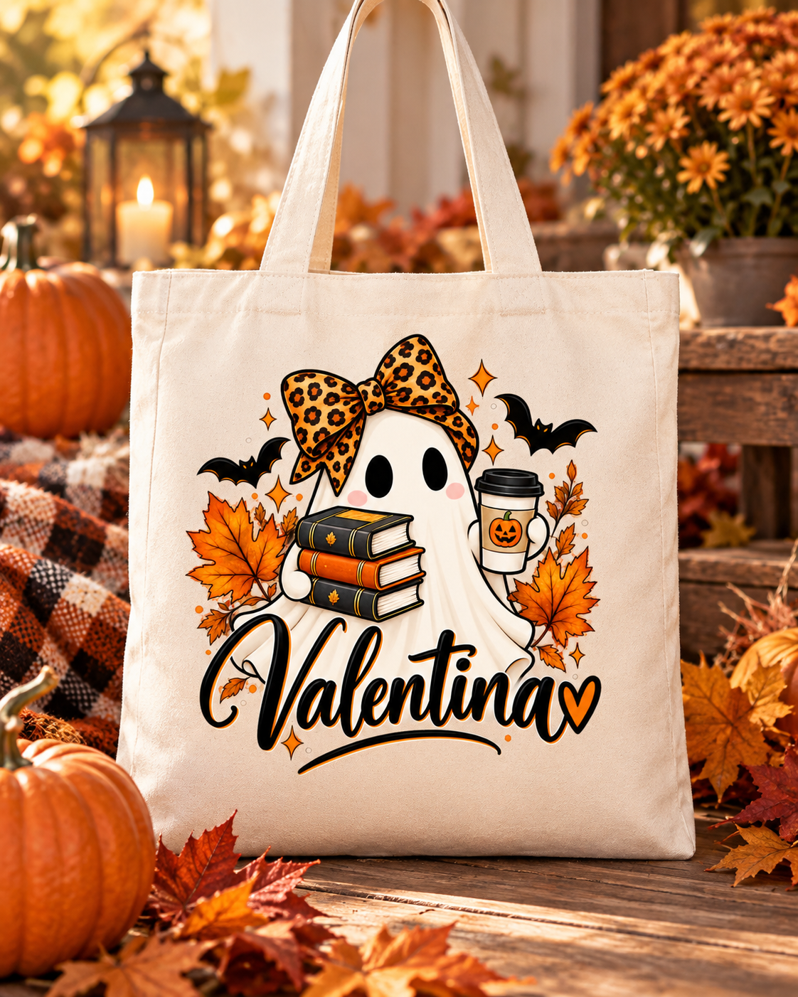 Bolsa tote de otoño color crema con fantasma, lazo de leopardo, libros y café. Personalizable.