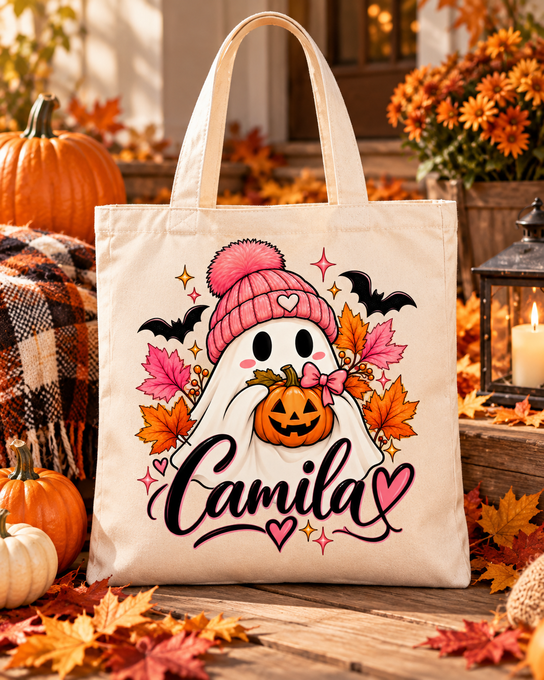Bolsa tote crema con fantasmita de Halloween, gorro rosa, calabaza y hojas otoñales. Personalizable.