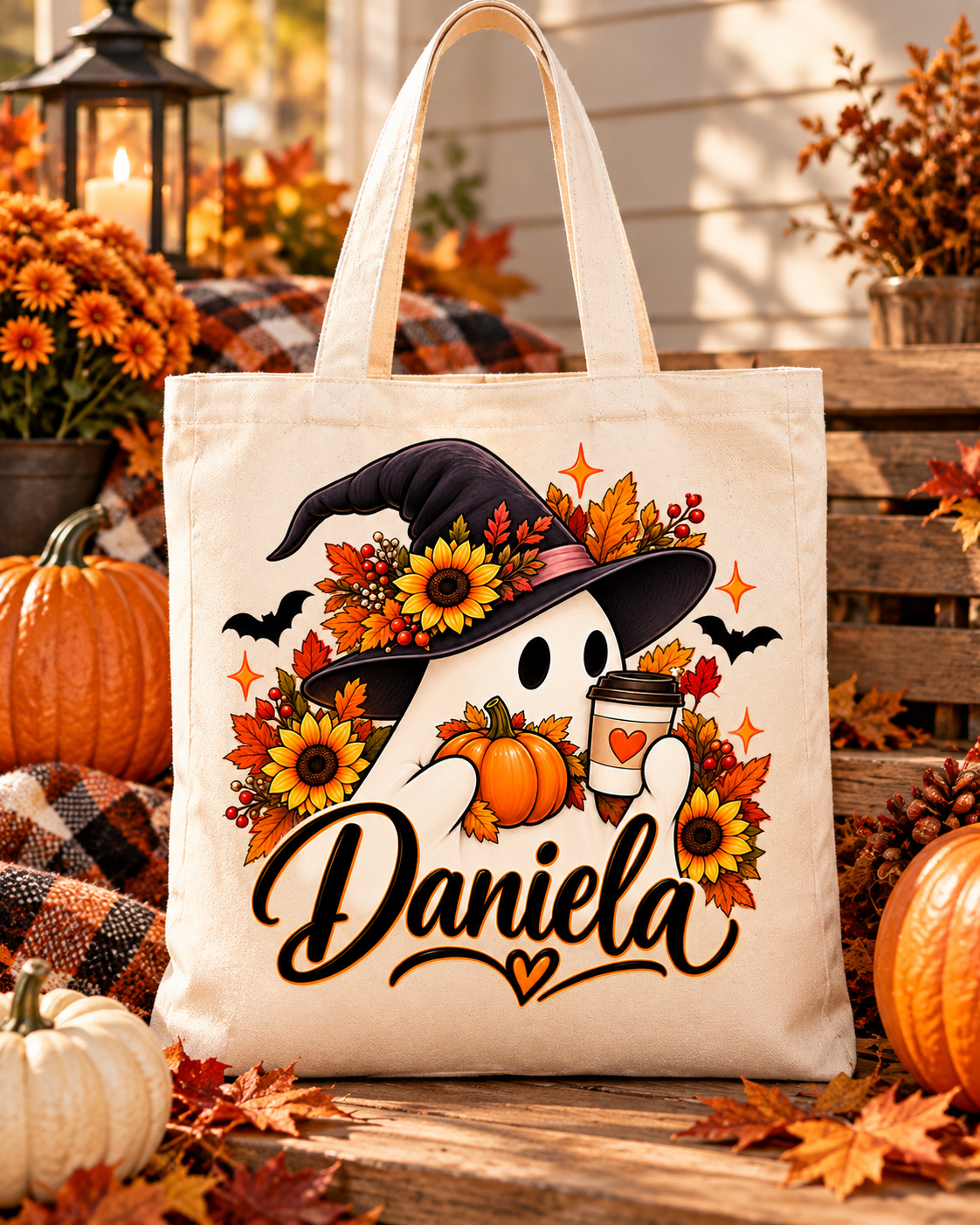 Tote bag crema con fantasma de Halloween, sombrero de bruja, girasoles, calabaza y café, personalizada.