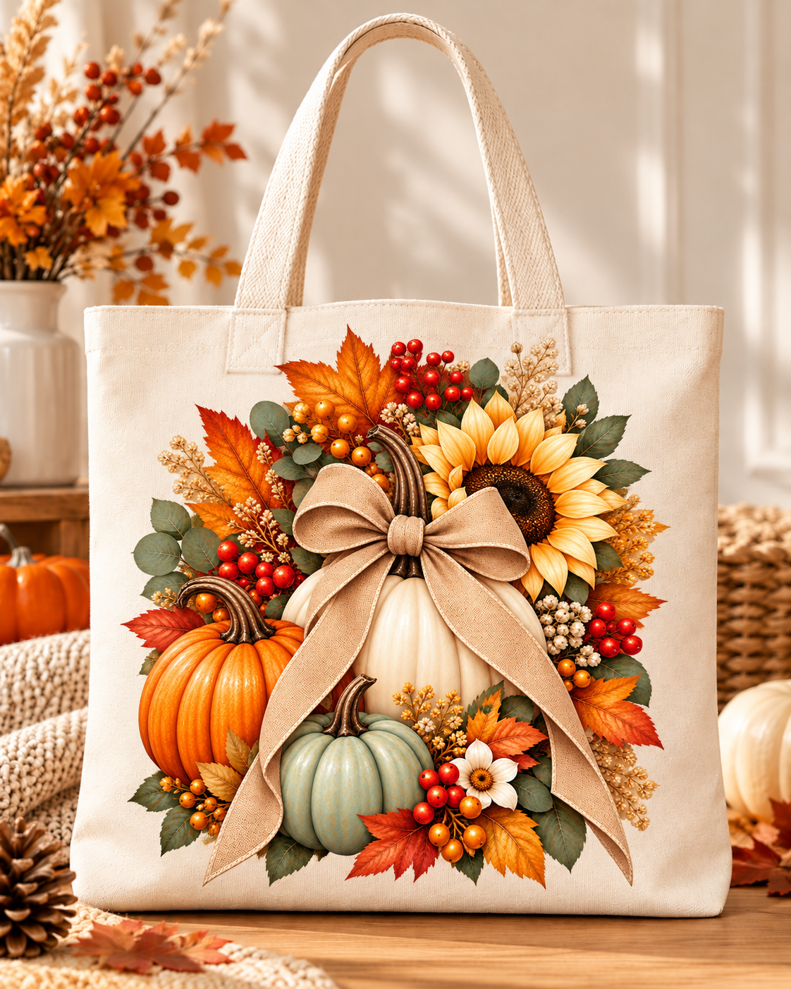 Tote bag color crema con diseño otoñal de calabazas naranja, blanca y verde, girasoles y gran lazo beige.