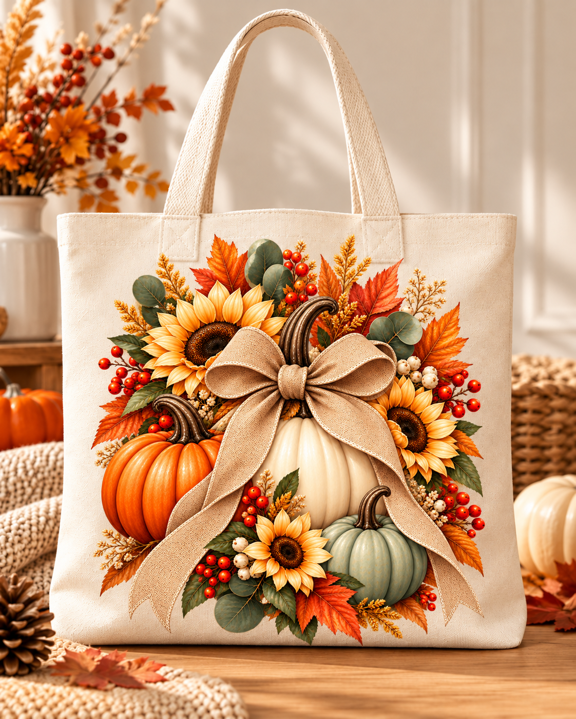 Bolsa tote crema con calabazas decorativas, girasoles amarillos, hojas de otoño y lazo beige.