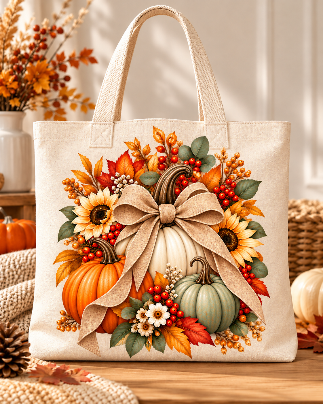 Tote bag de otoño color crema con calabazas, lazo beige, girasol y hojas naranjas y verdes.
