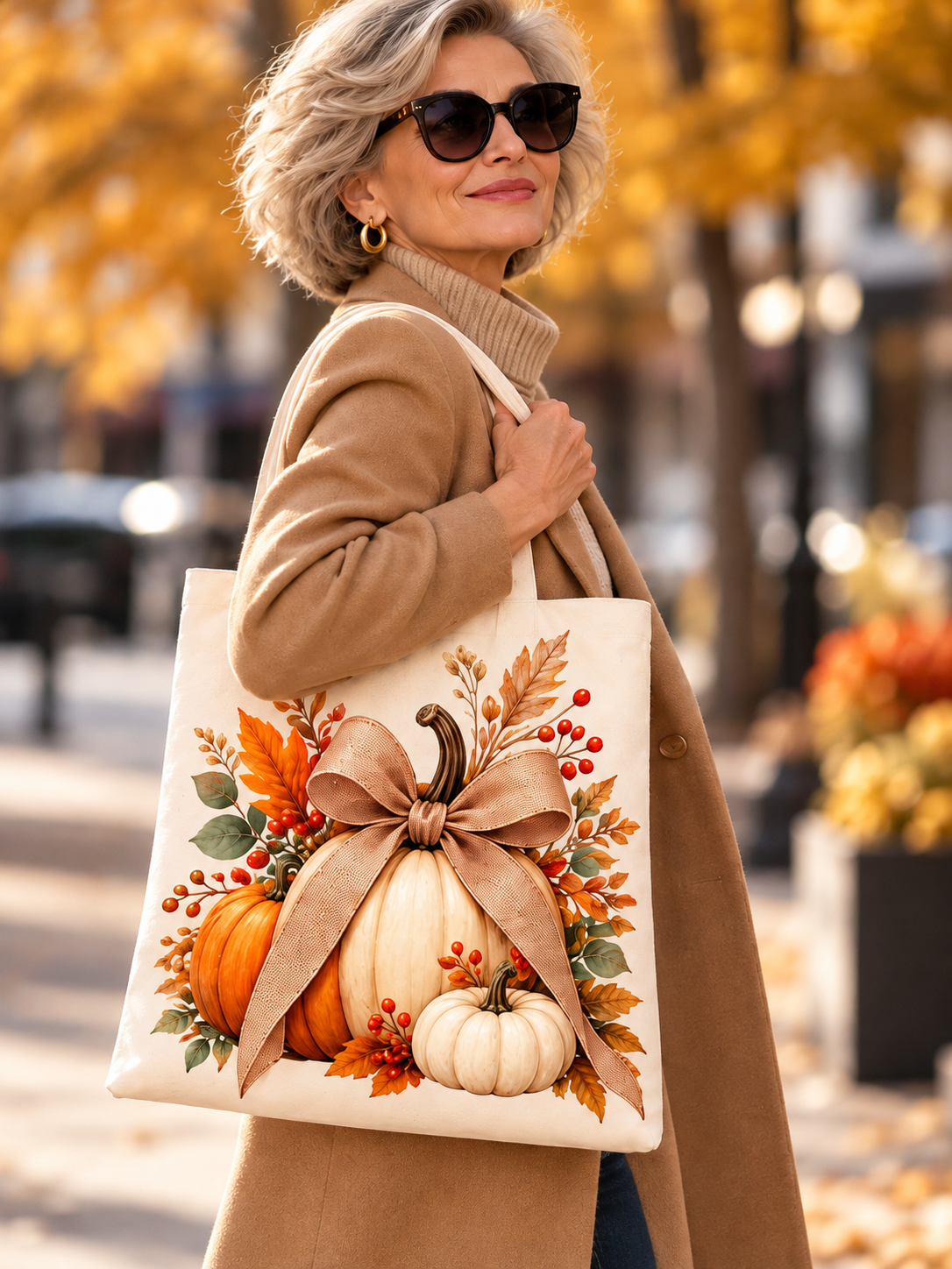 Tote bag de otoño color crema con calabazas, lazo beige  y hojas naranjas y verdes.