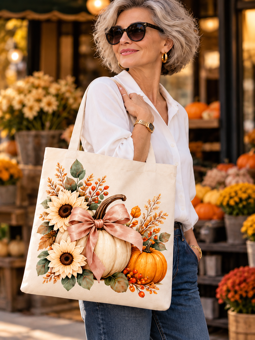 Tote bag color crema con diseño otoñal de calabazas naranja, blanca y verde, girasoles y gran lazo rosita.