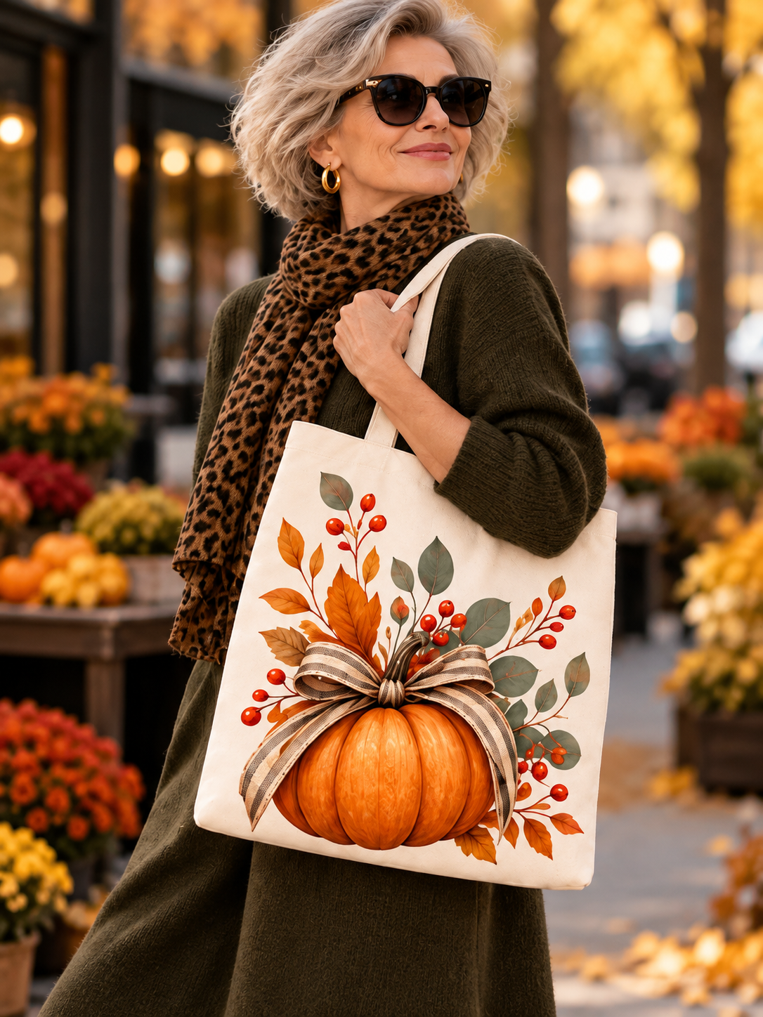Bolsa tote crema con calabazas decorativas, , hojas de otoño y lazo beige- marrón.