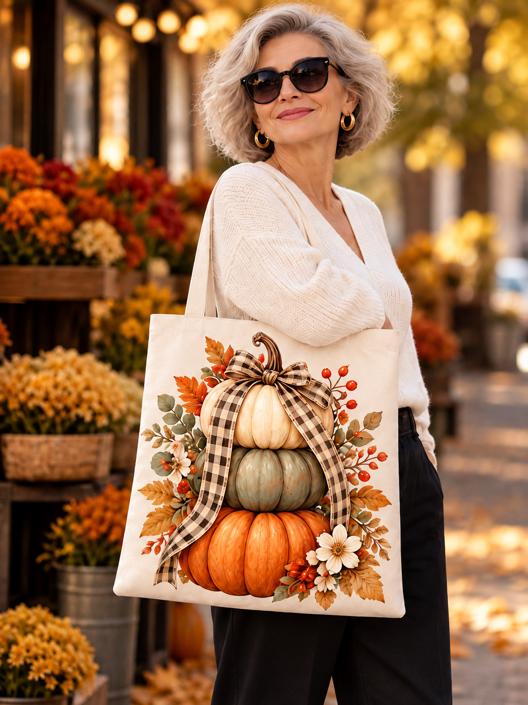 Tote bag de otoño color crema con juego de calabazas, lazo beige a cuadros y hojas naranjas y verdes con flor blanca.