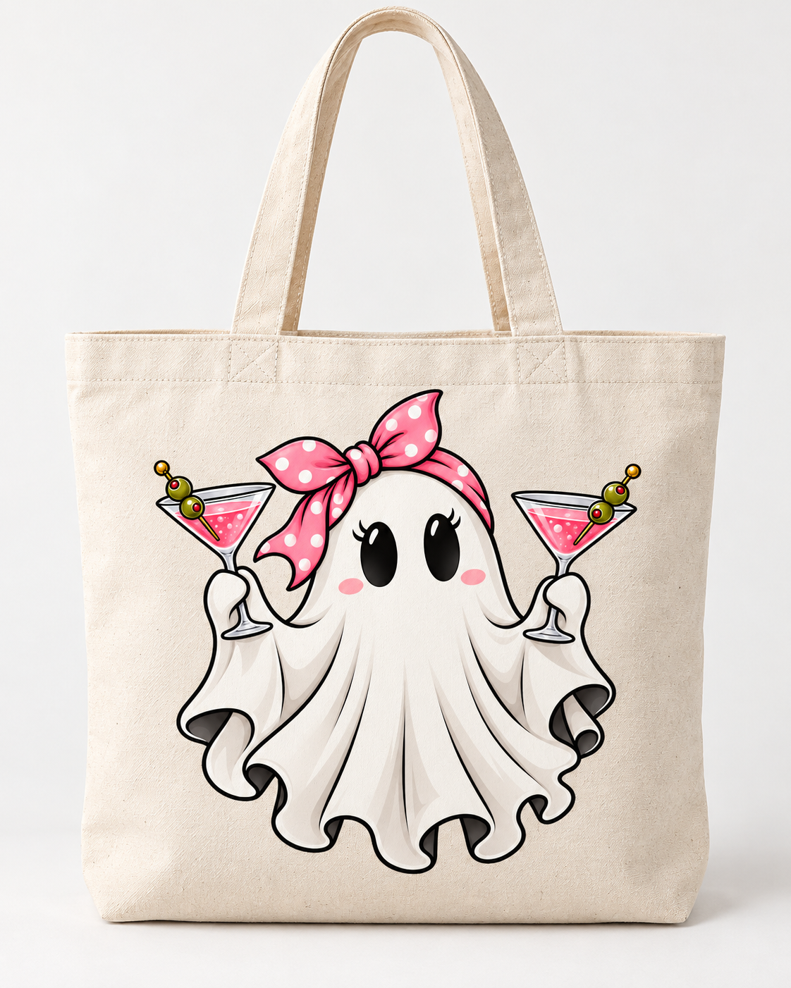 Bolsa tote bag crema con cremallera y fantasmita con lazo rosa