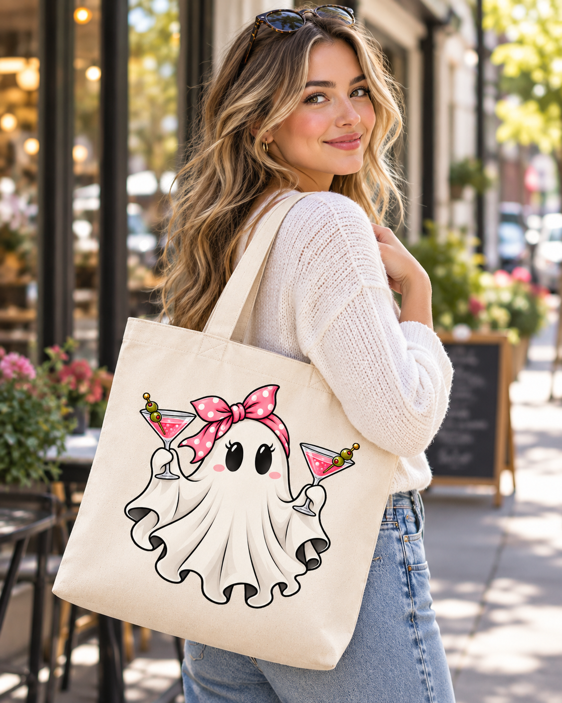 Bolsa tote bag crema con cremallera fantasmita divertido