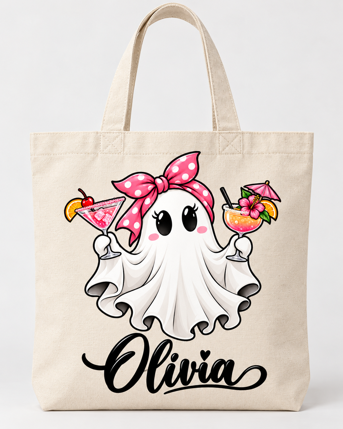 Bolsa tote bag crema con cremallera y fantasmita con lazo rosa y dos bebidas con tu nombre