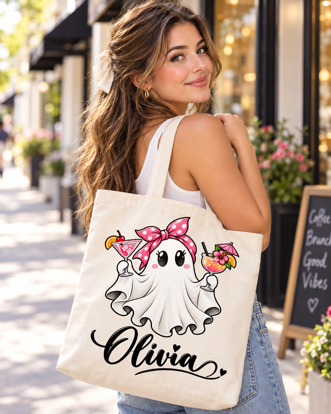Bolsa tote bag crema con cremallera y fantasmita  fiesta con bebidas