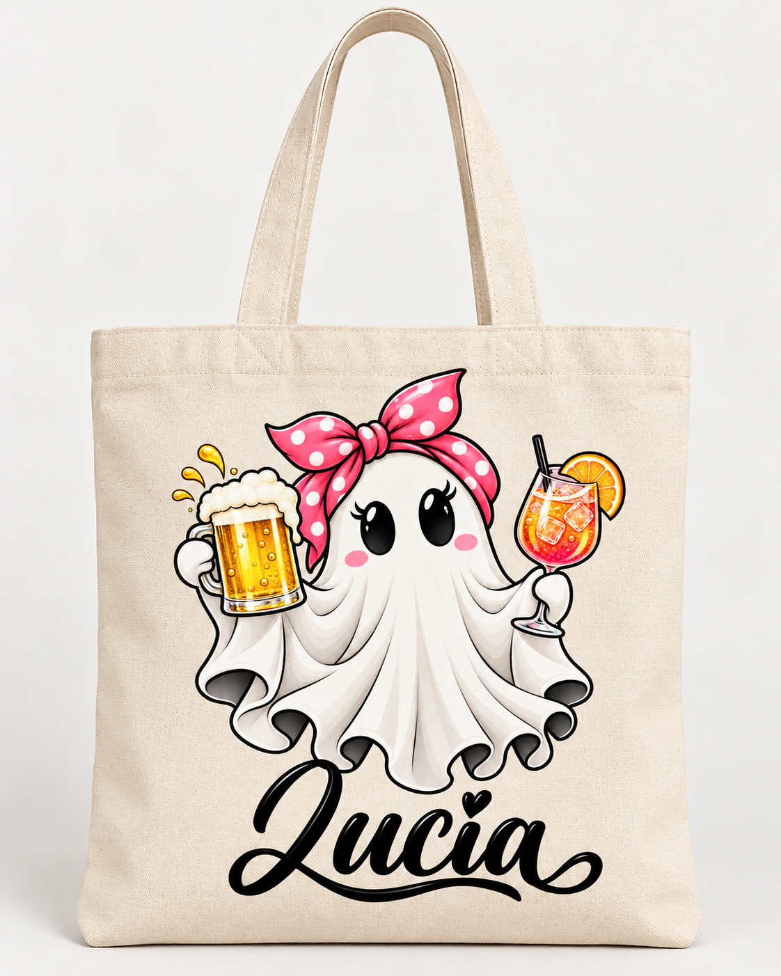 Bolsa tote bag personalizada crema con cremallera y fantasmita  en la fiesta