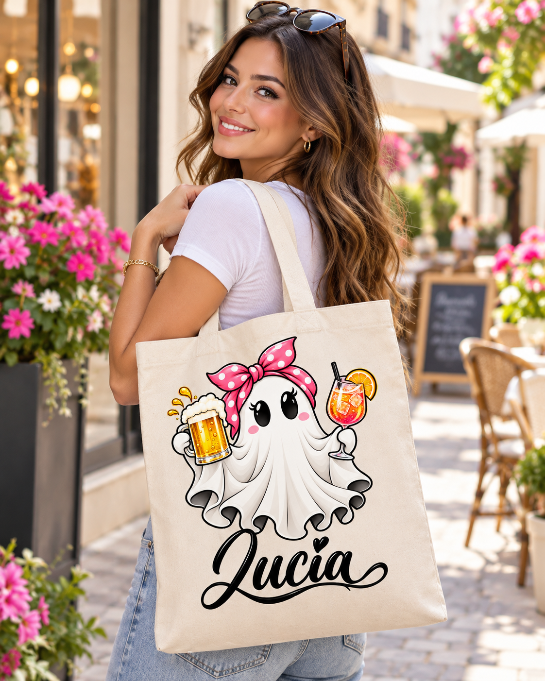 Bolsa tote bag personalizada  con cremallera y fantasmita  party dos bebidas 