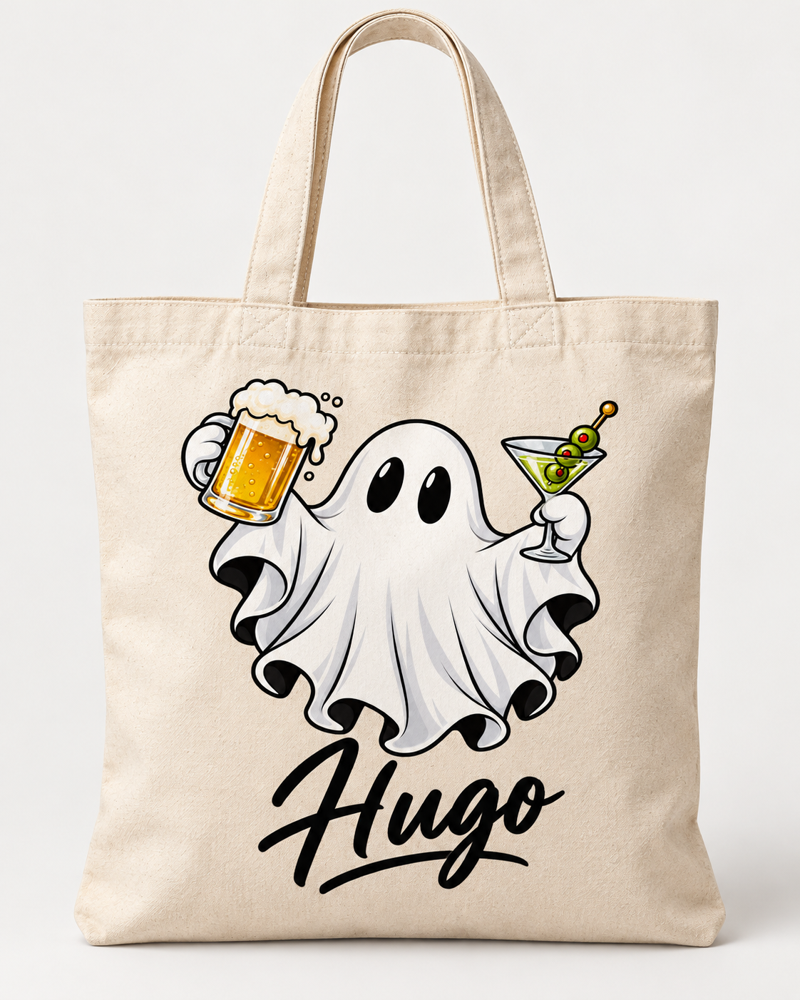 Bolsa tote bag crema con cremallera y fantasmita martini  divertido personalizado