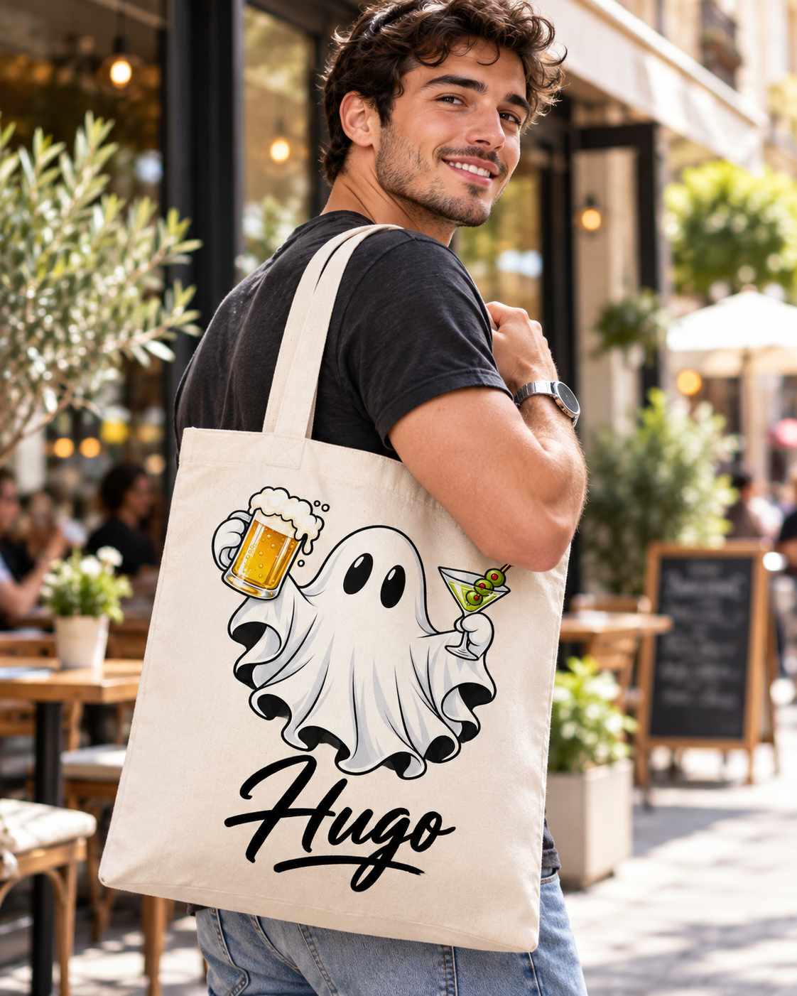 Bolsa tote bag con cremallera y fantasmita  party dos bebidas con tu nombre