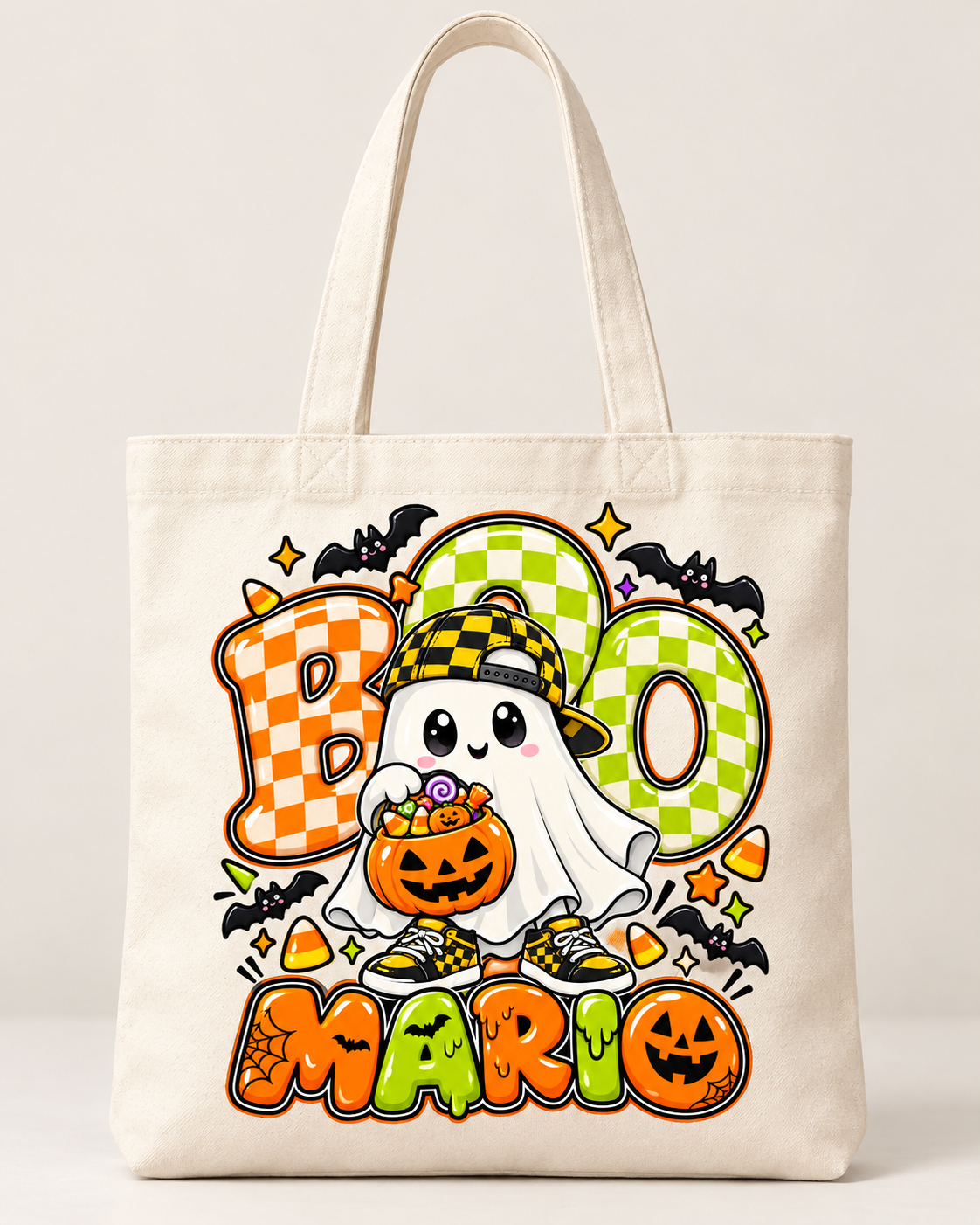 Tote bag de fantasmitas de Halloween con calabazas, lazos y caramelos.