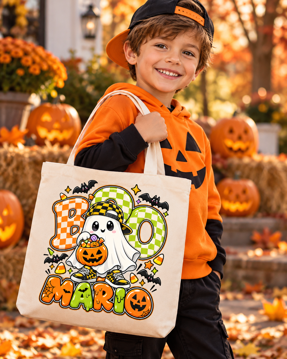 Tote bag de diseños de fantasmitas de Halloween con calabazas, lazos y caramelos ideal para Halloween