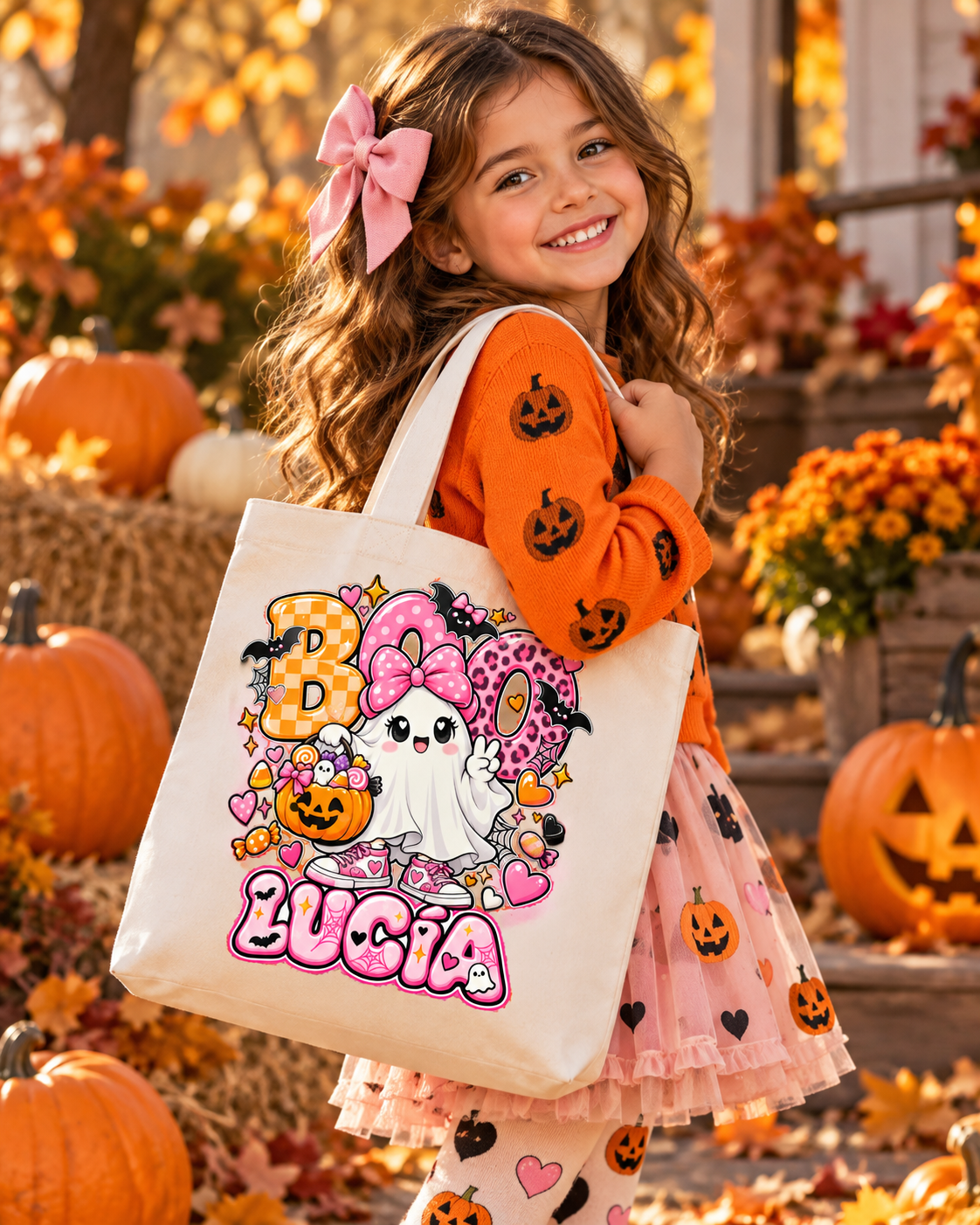 Tote bag  de Halloween con calabazas, lazos y caramelos con tu nombre