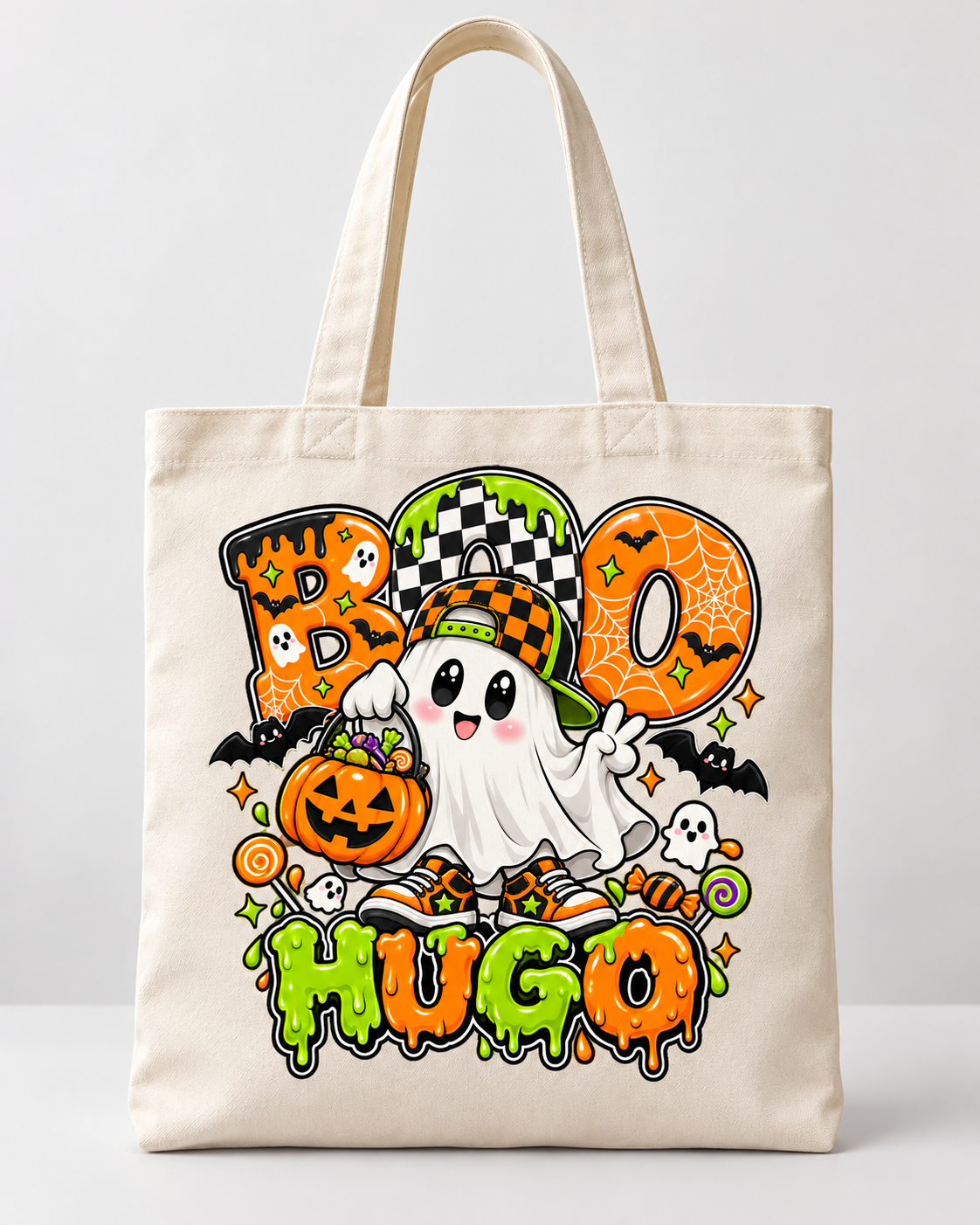 Tote bag  de fantasmitas de Halloween personalizadas con calabazas, lazos y caramelos.