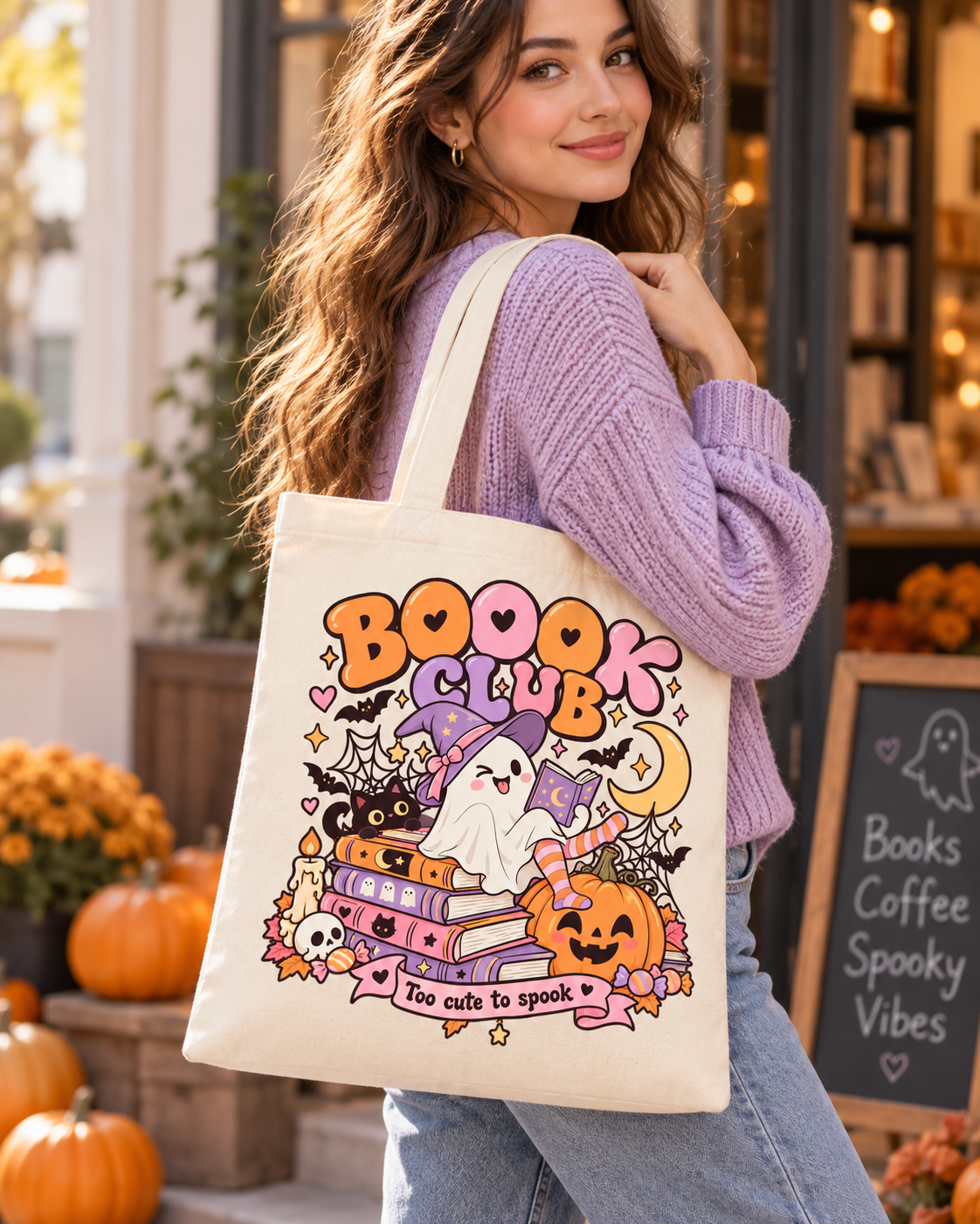 Chica joven con jersey malva luciendo la Tote Bag Boo Book Club de Sentio Nature, en color crema, con un divertido diseño de Halloween de fantasmas, libros y calabazas.
