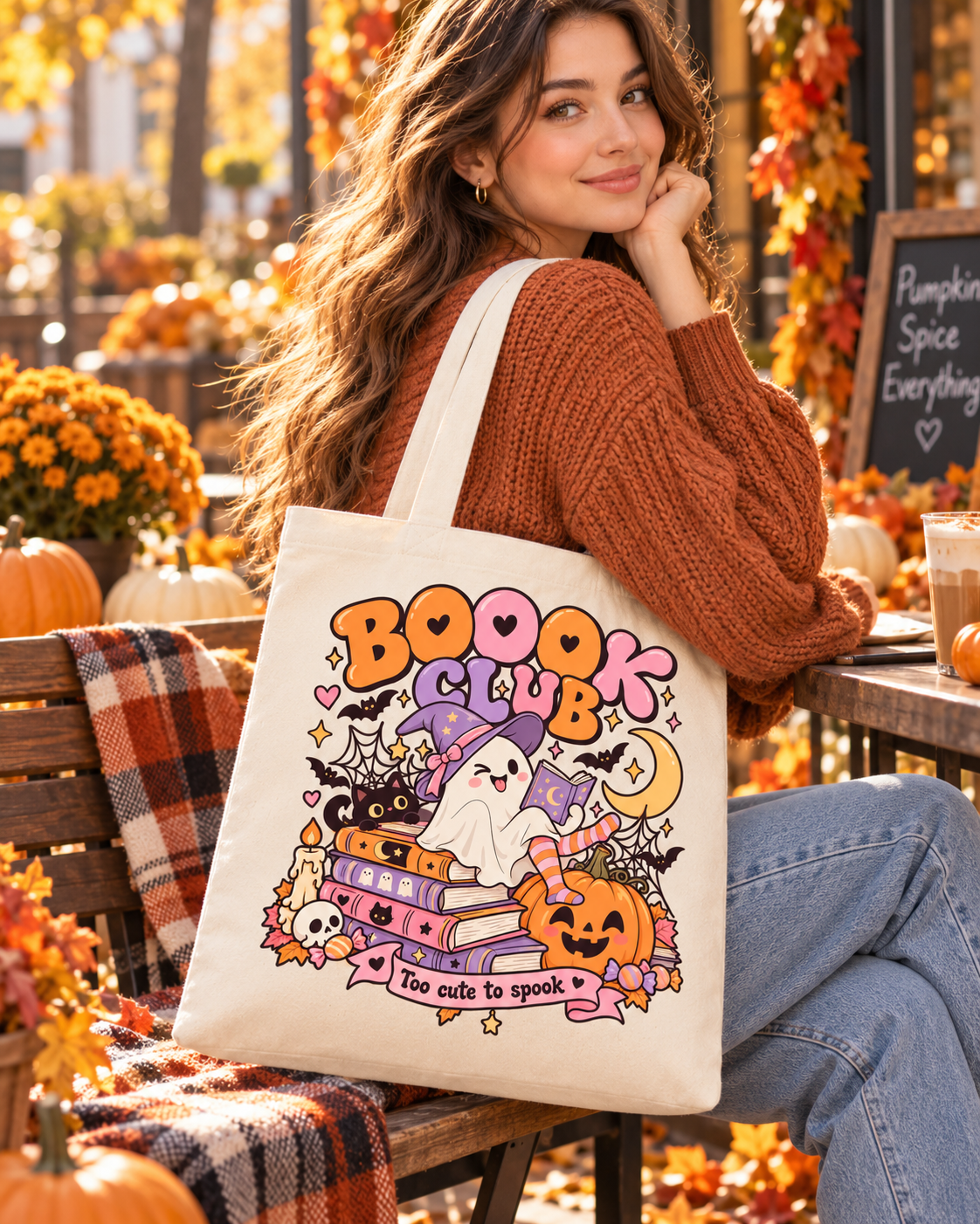 Joven con la Tote Bag Boo Book Club al hombro mientras disfruta de la lectura en un ambiente otoñal acogedor.