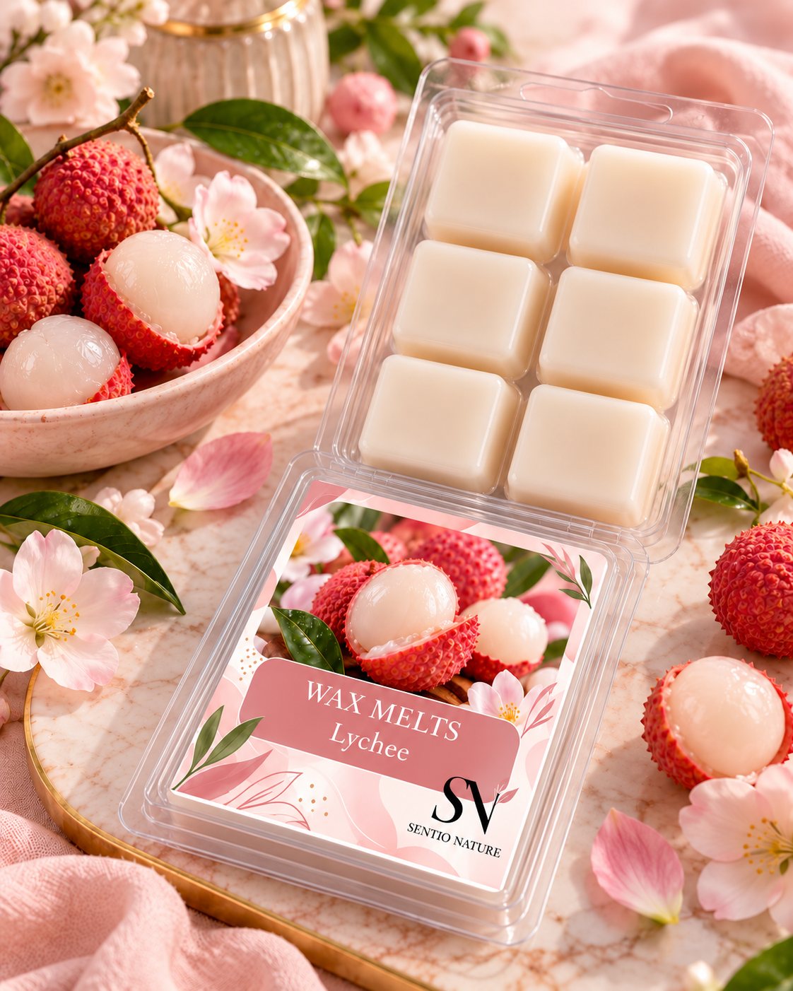 Tableta de Wax Melts Pink Lychee es un pequeño tesoro aromático diseñado para transformar tu hogar en un oasis de frescura y sofisticación.